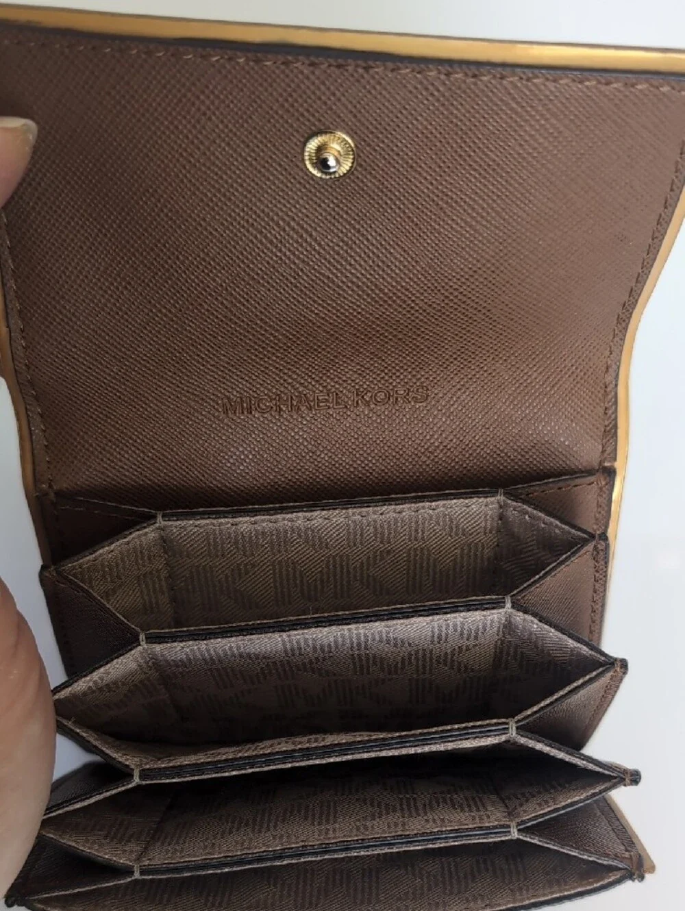 Michael Kors Dark Brown MK Logo Compact Wallet with Gold Trim